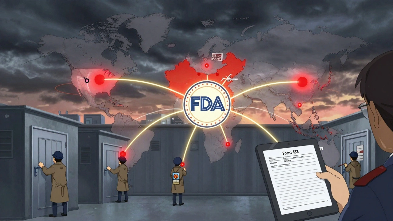 Global map with FDA inspection sites glowing, inspectors knocking on factories worldwide under dawn sky.