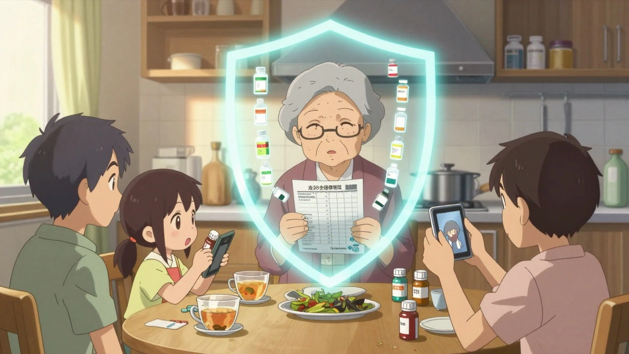 Grandmother and granddaughter organizing medication bottles at home, taking photos of pills with a tablet.