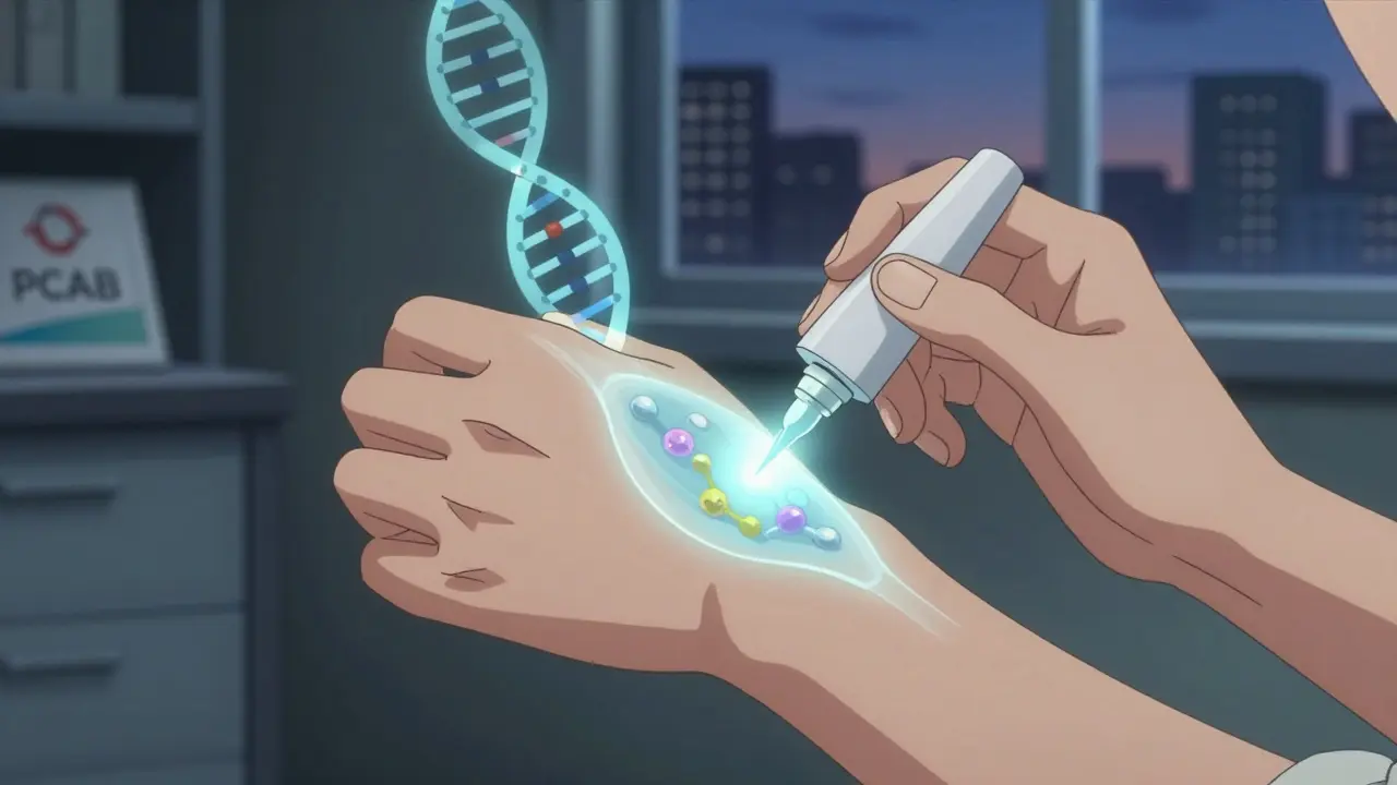 Hand applying custom hormone cream with glowing molecular details and DNA strands.