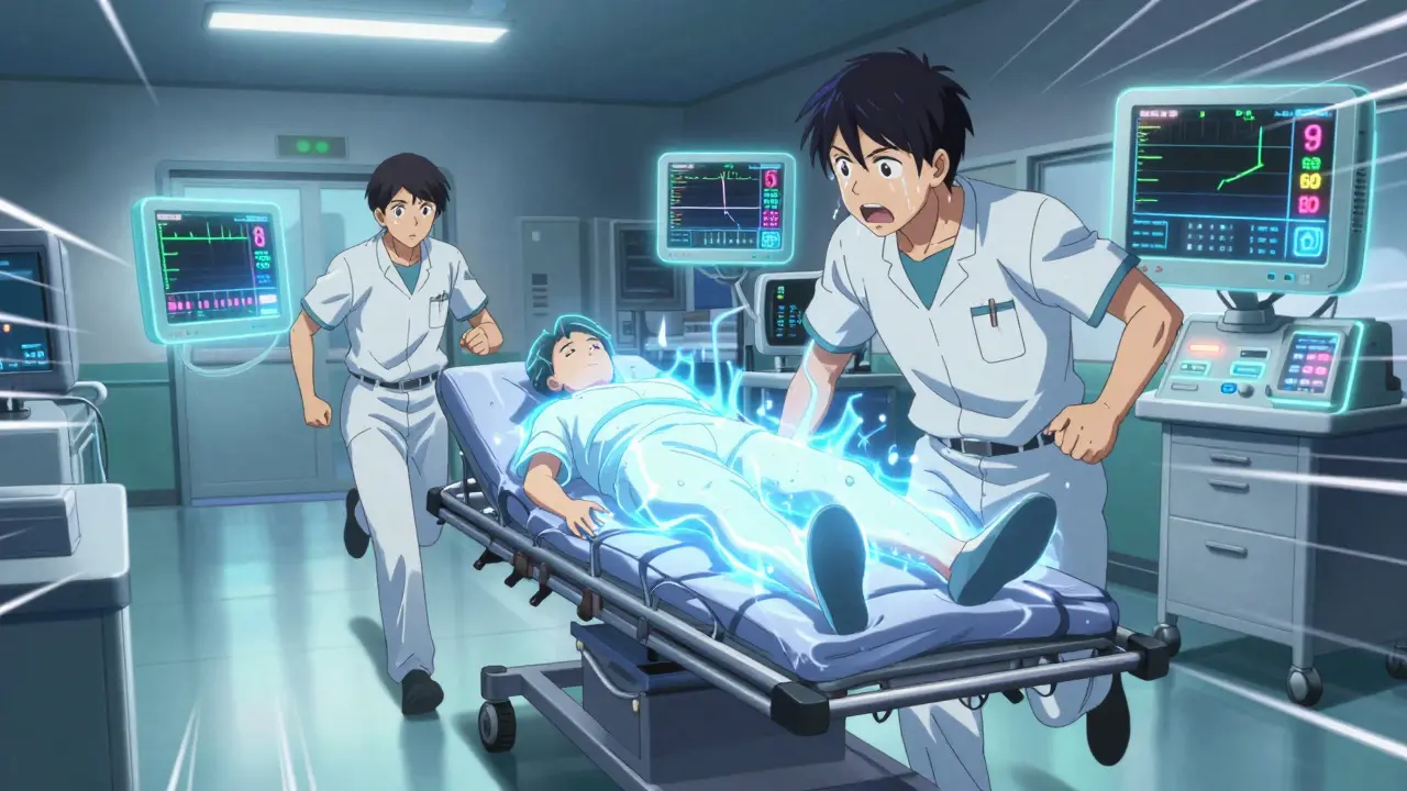 Hospital emergency scene with a patient in rigid convulsions, medical staff rushing, monitors showing dangerous levels.