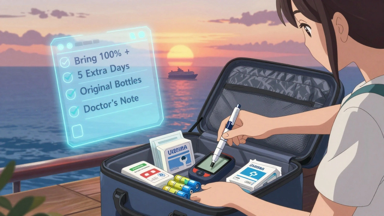 Passenger packing insulin and medical supplies in a cooler bag with floating digital checklist for cruise medication prep.