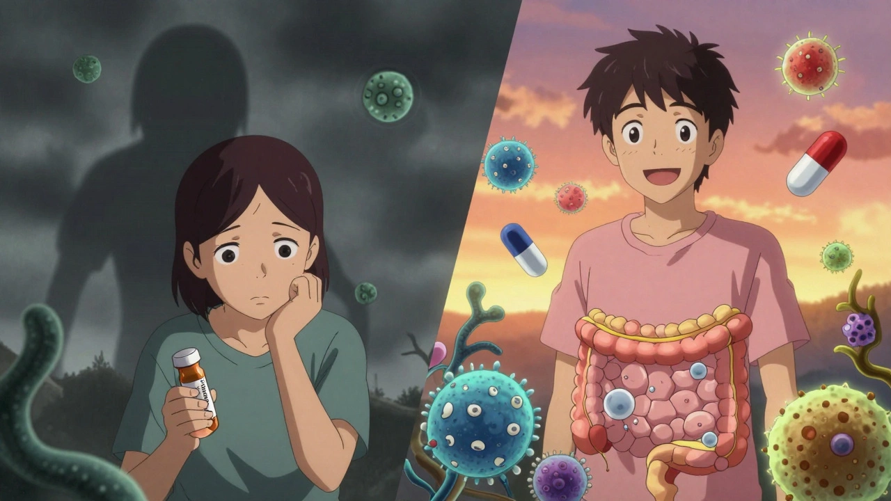 Patient before and after C. diff treatment, showing antibiotic risk and FMT recovery.