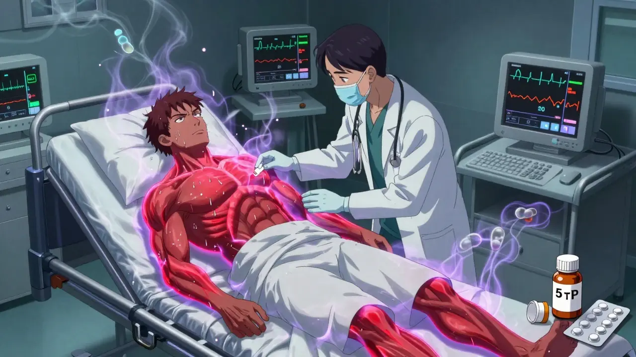 Patient in ER with glowing serotonin energy, doctor administering antidote, broken supplement bottles nearby.