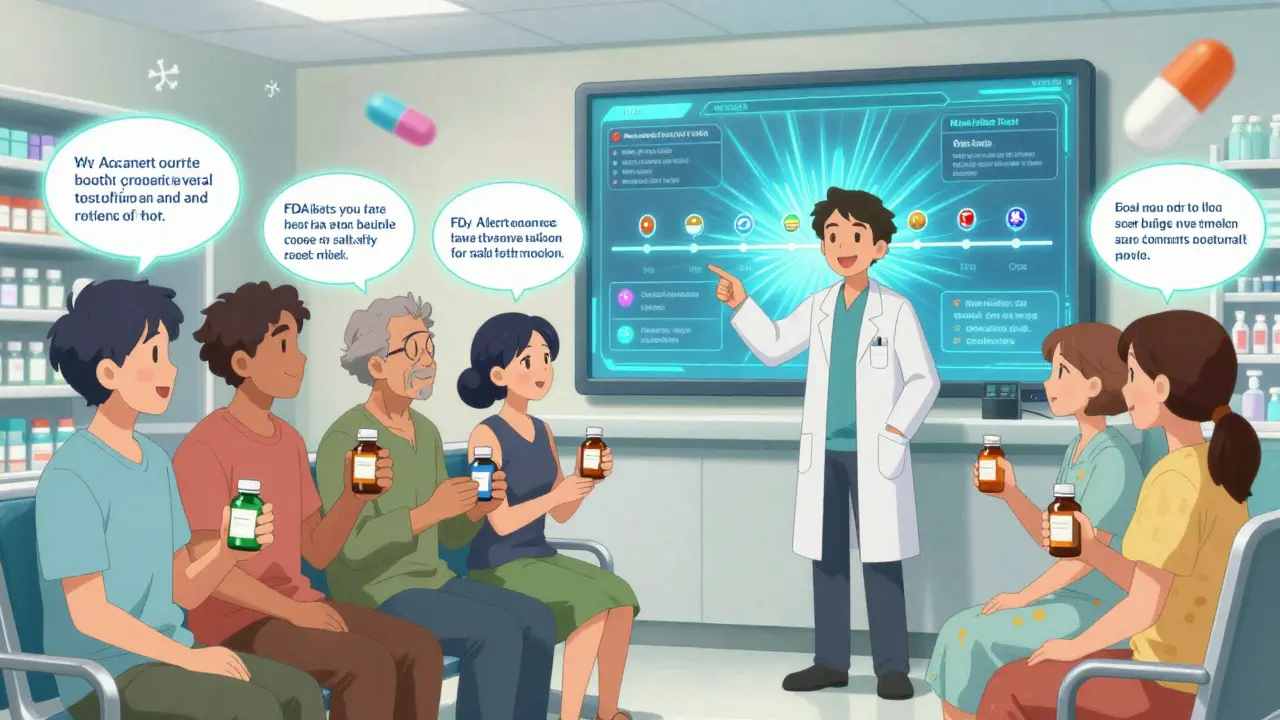 Patients in a pharmacy receiving guidance from a pharmacist about medication safety updates.