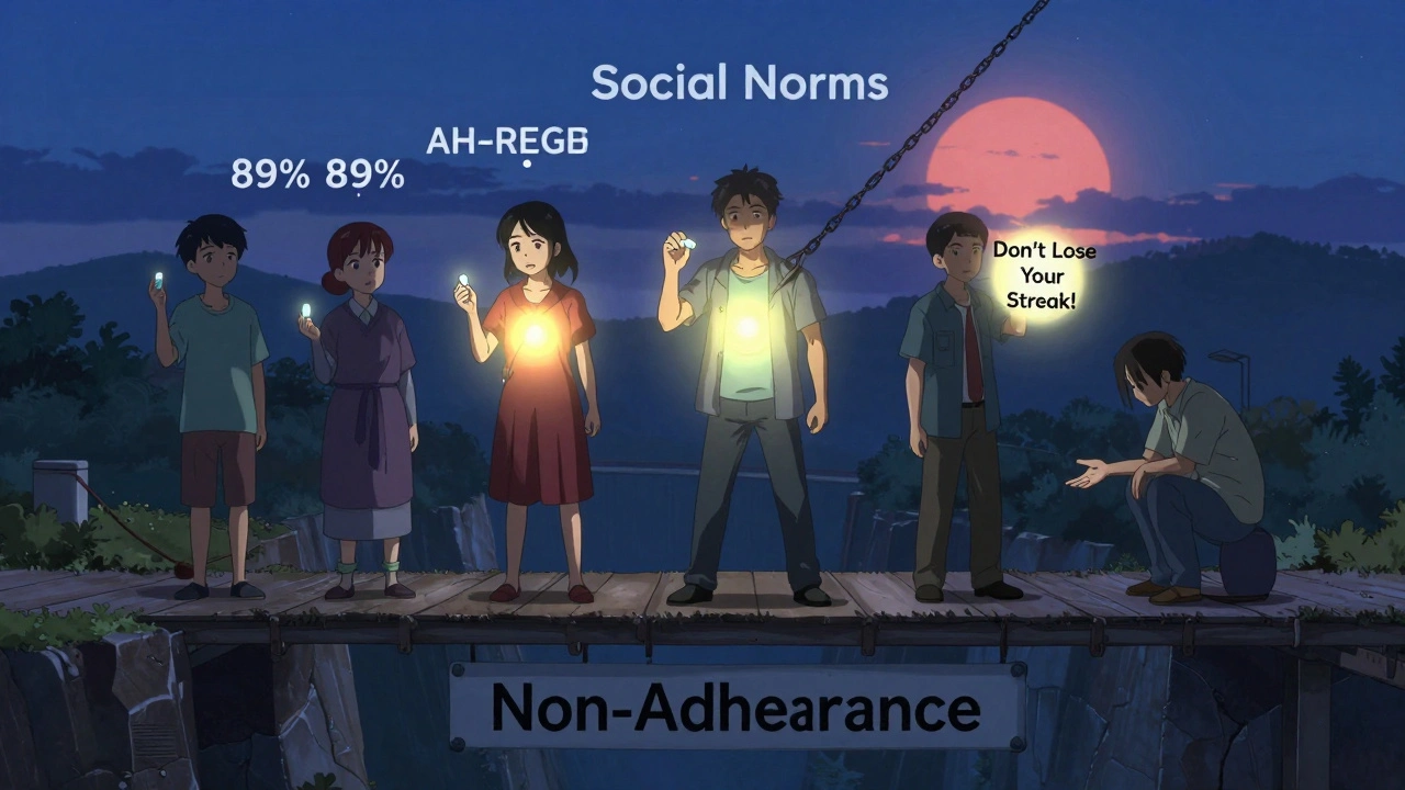 Patients on a bridge toward adherence, guided by social norms and positive messaging.