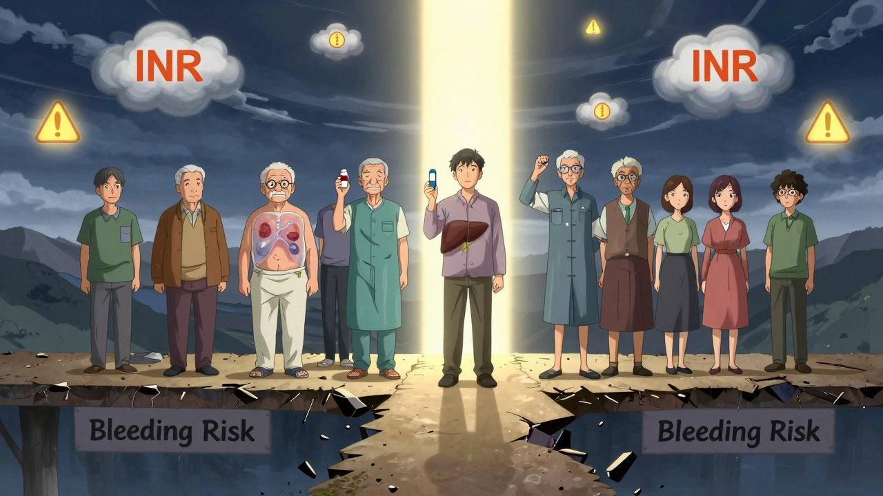 Patients on bridge over bleeding risk chasm, one path leads to safe antibiotics, Bactrim pulls toward edge.