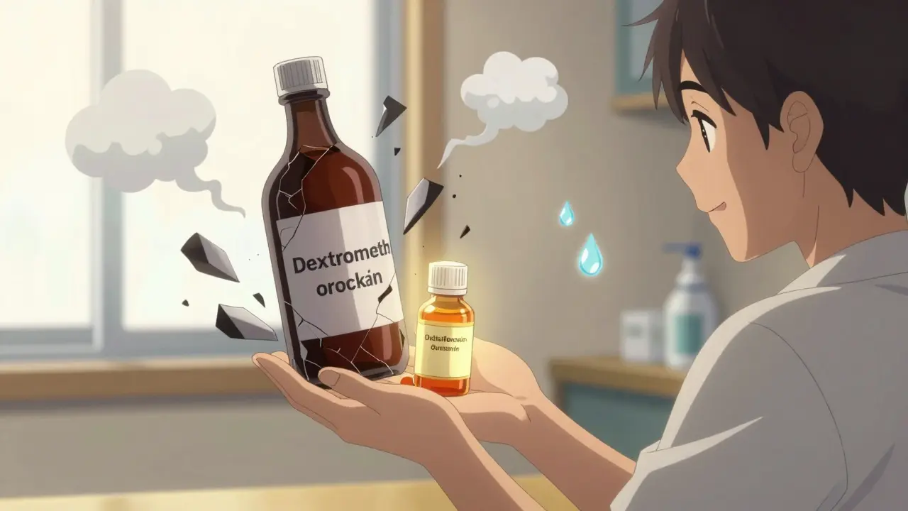 Pharmacist giving safe alternatives to cough medicine, shattered dangerous bottle in background.