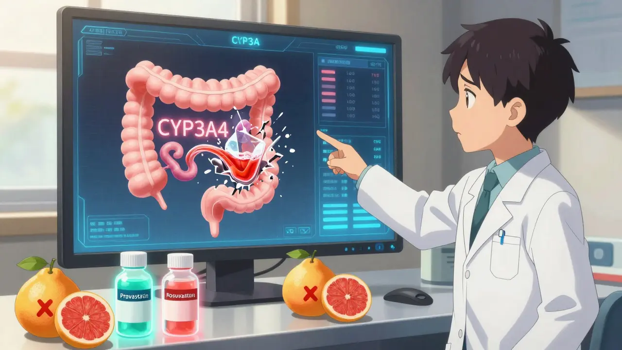 Pharmacist pointing to gut model showing enzyme destruction by grapefruit juice.