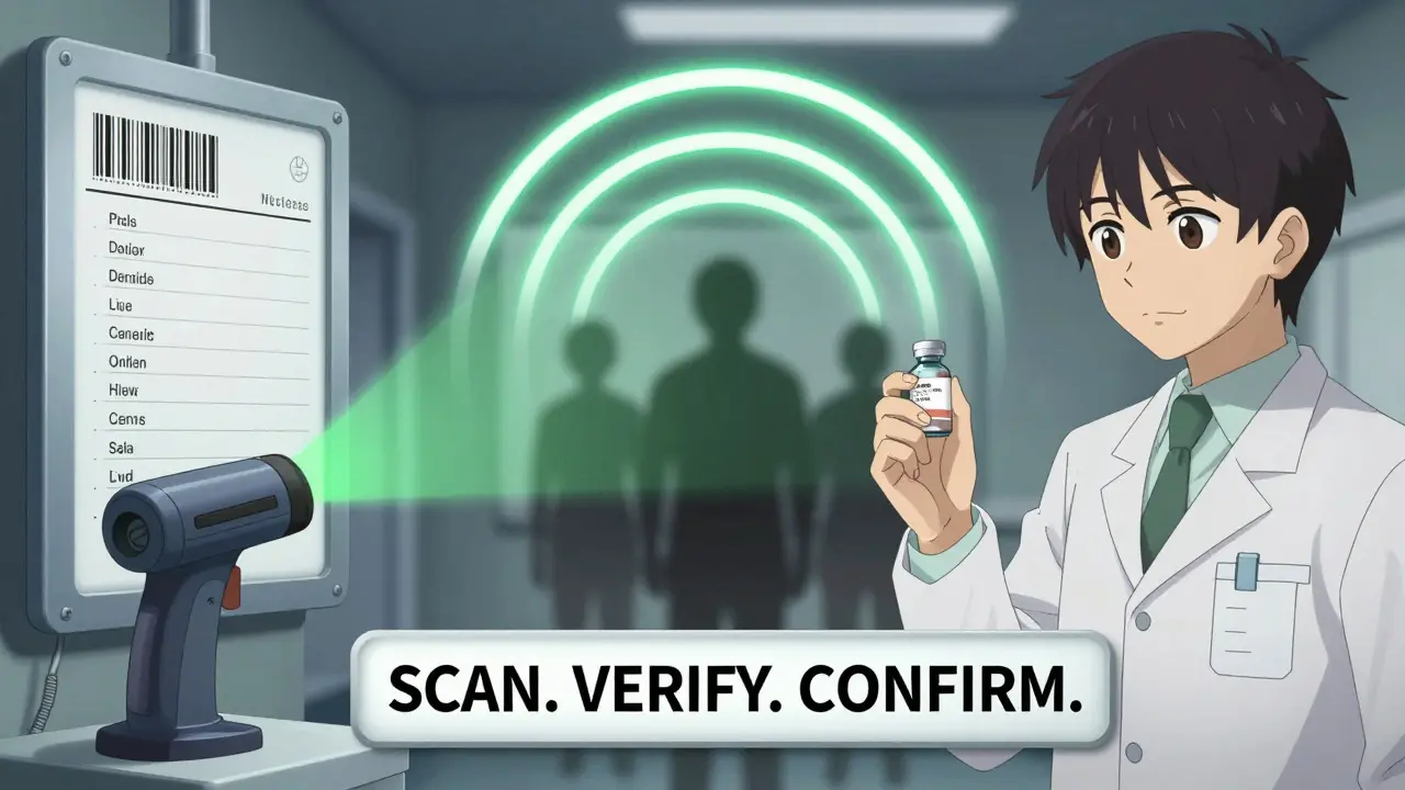 Pharmacist visually verifying medication while barcode scanner confirms right patient and dose.