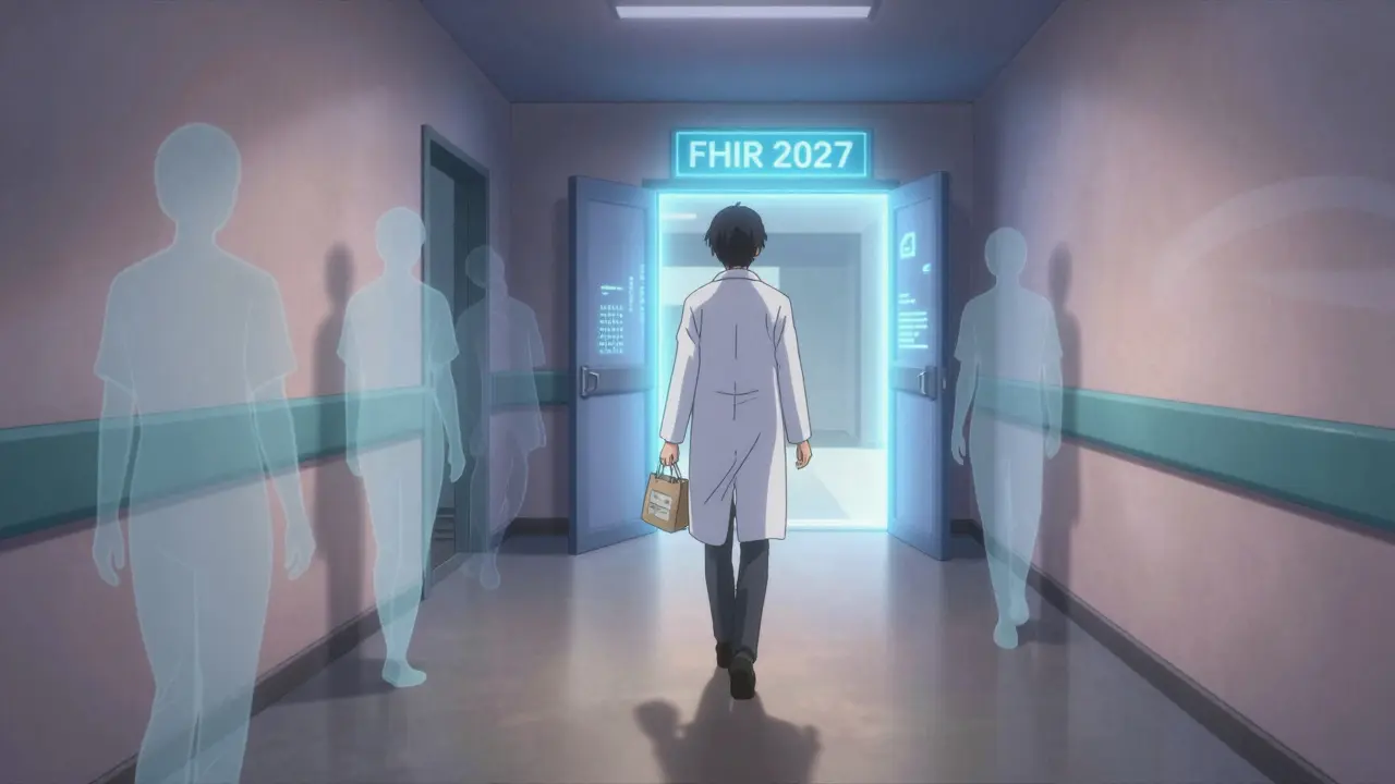 Pharmacist walking toward a glowing future portal, ghostly patients fading behind in twilight.