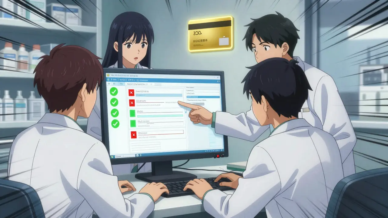 Pharmacy team reviewing electronic prior authorization screen with lab results and approval flags.