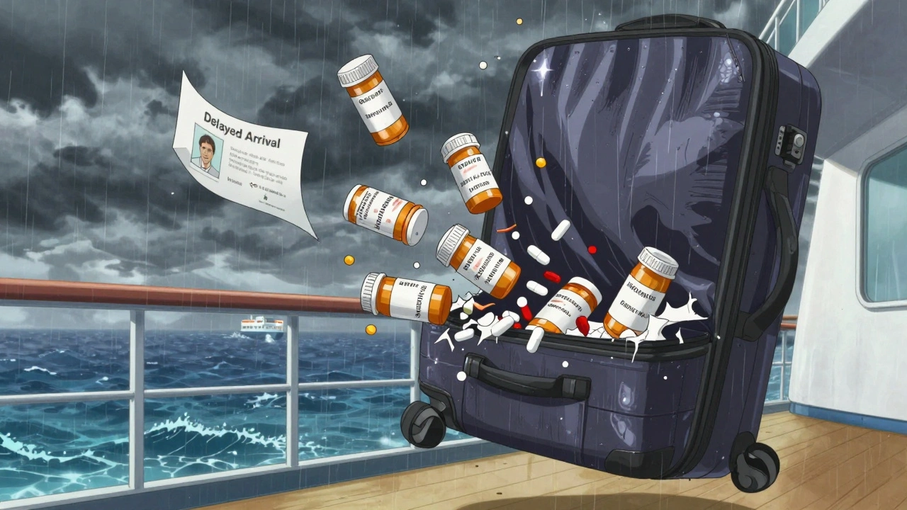 Pills scattering from an open carry-on bag on a stormy cruise deck with prescription bottles and doctor’s note flying.