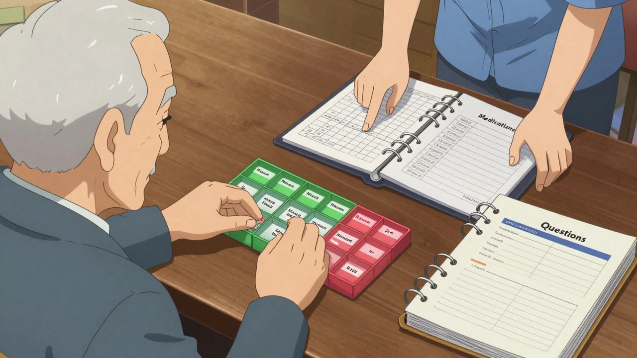 Senior places pills in color-coded organizer while caregiver checks a printed list.