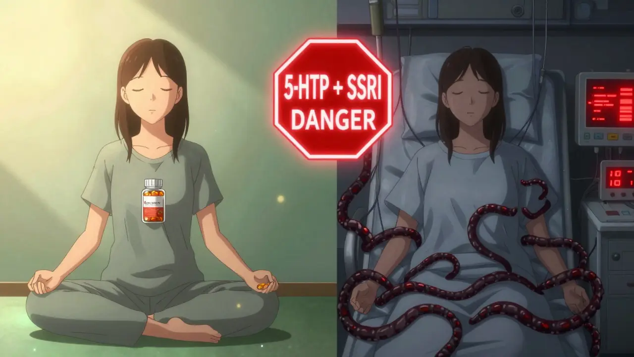 Split image: calm woman with safe supplements vs. same woman in hospital with dangerous serotonin symbols.
