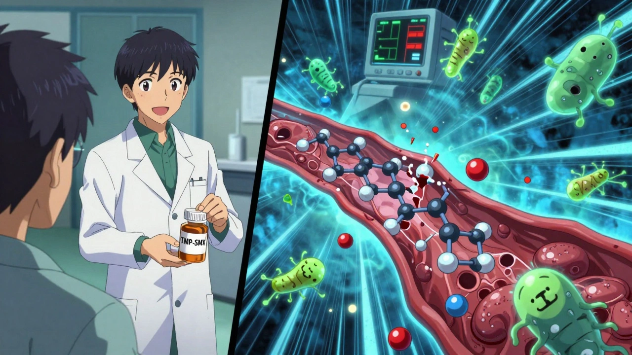 Split-panel anime: pharmacist giving Bactrim vs molecular chaos in bloodstream with warfarin multiplying.