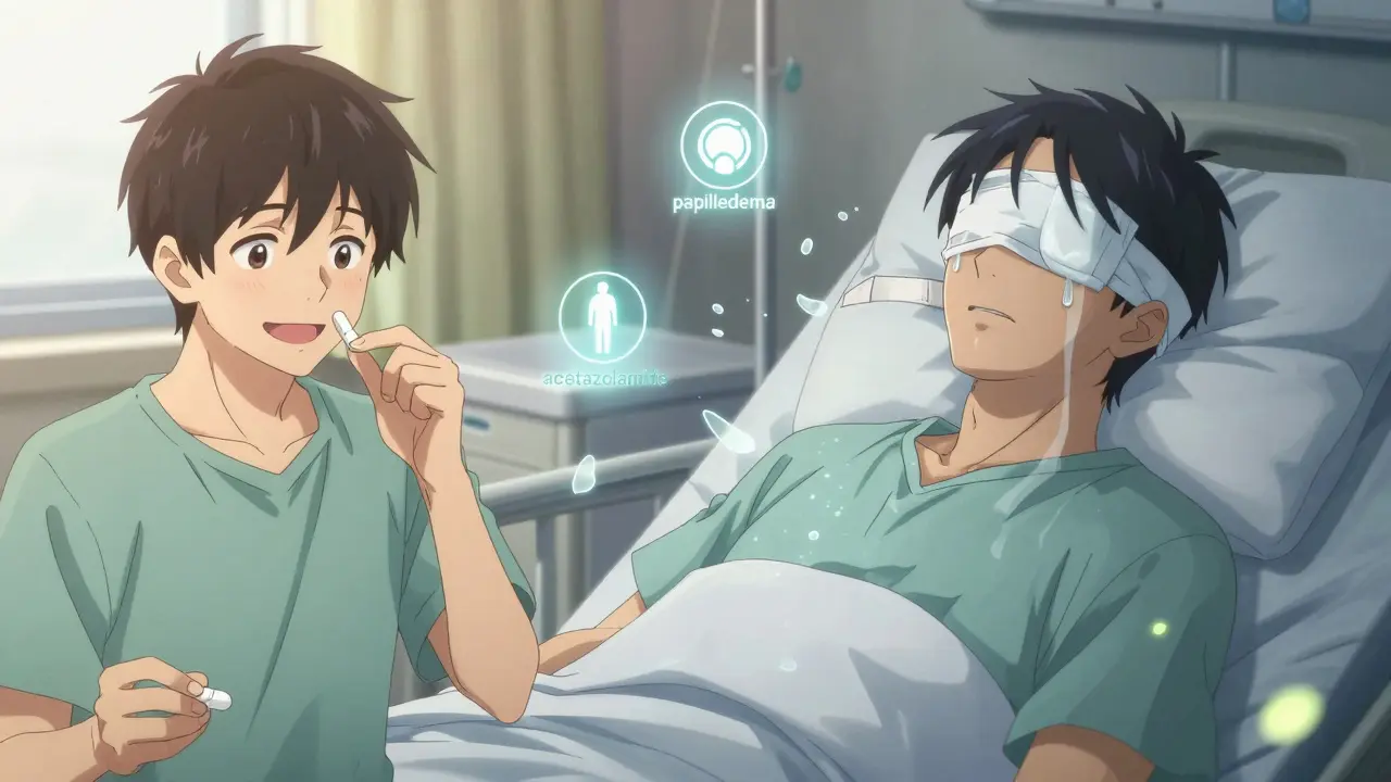 Split scene: healthy person taking acne meds vs. same person blindfolded in hospital, vision fragments fading away like fireflies.