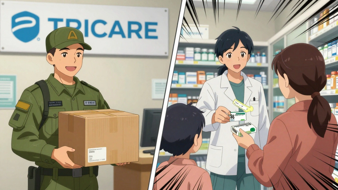 Split scene: home delivery package arriving and retail pharmacy pickup with  copay tag.