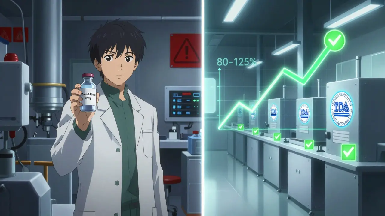 Split scene of brand-name drug development vs. generic manufacturing with a bioequivalence graph between them.