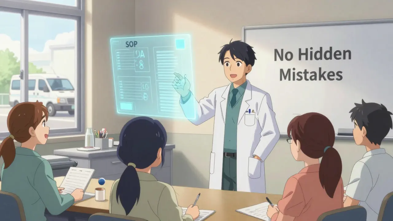 Team practicing inspection readiness in a sunlit room with holographic procedures and calm atmosphere.