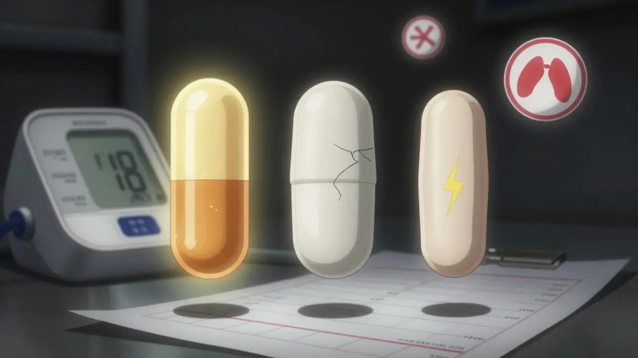 Three pills floating above medical charts, showing differences in brand and generic drugs with symbolic warnings.