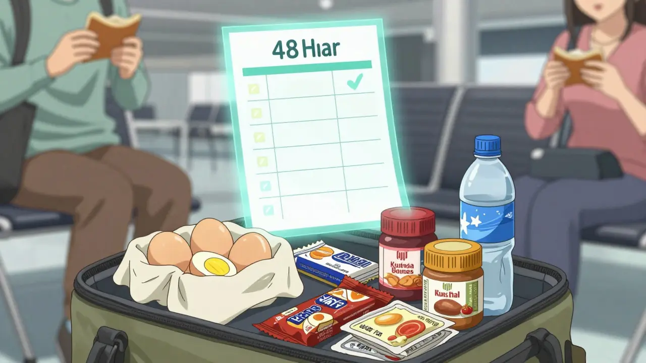 Traveler unpacking pre-planned snacks at airport gate with protein bars and boiled eggs.