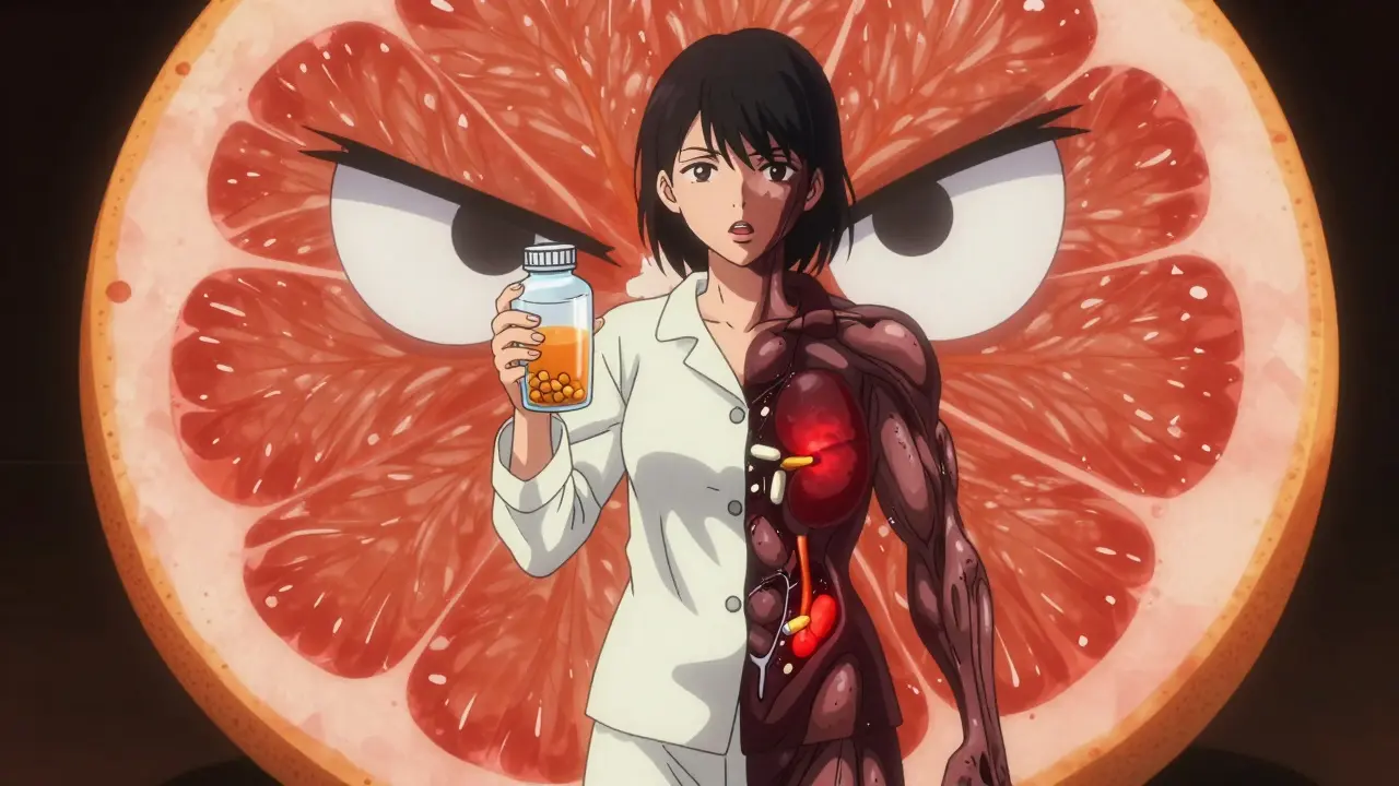 Woman split between healthy and toxic drug reaction, giant angry grapefruit looming behind.