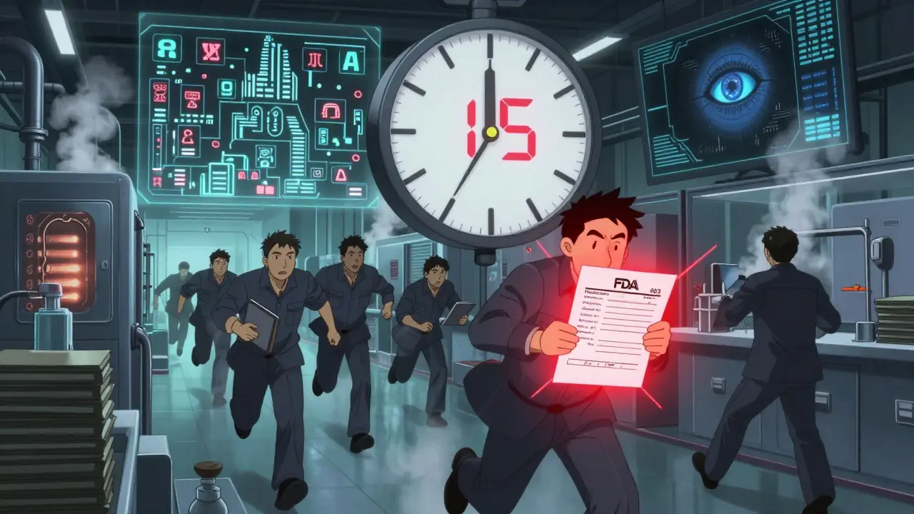 Workers rushing with documents as a glowing FDA Form 483 pulses red, digital clock ticking down.