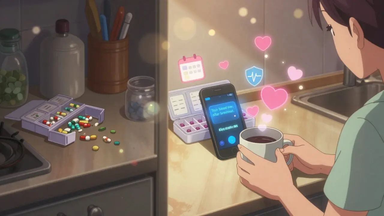 A before-and-after scene showing organized medication use with a gentle phone alert.