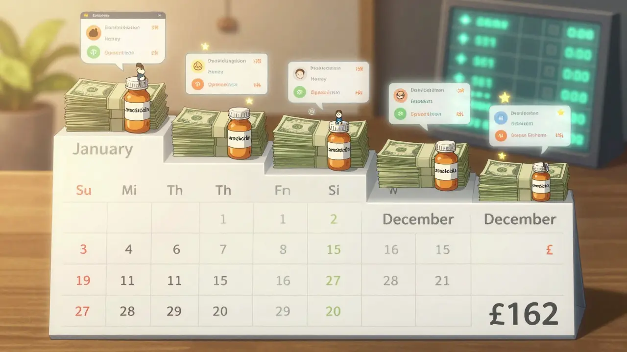 A calendar showing monthly savings from generic drugs with blockchain reviews in the background.