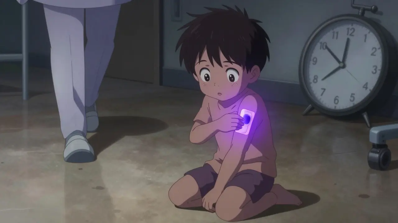 A child placing a discarded fentanyl patch on their arm, with a nurse approaching in the background.