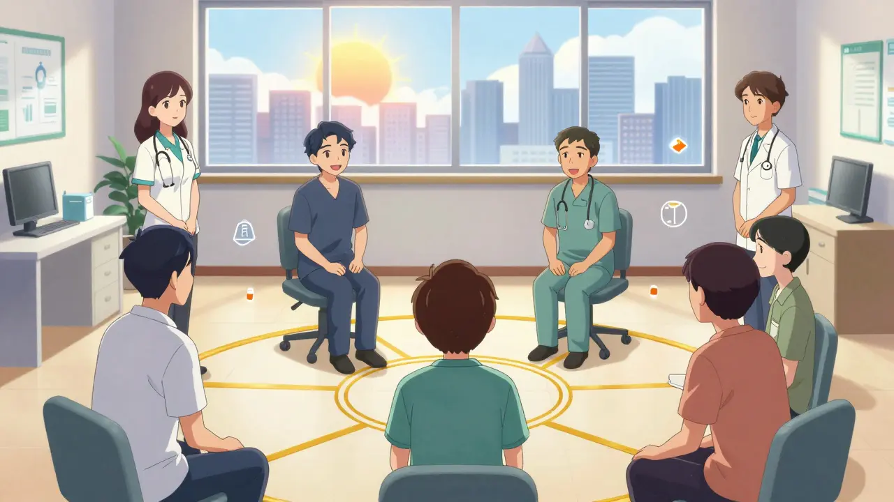 A diverse care team surrounds a patient with golden connections, symbolizing coordinated specialty care.