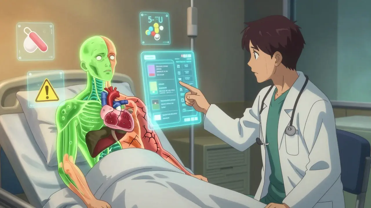 A doctor explains a genetic report showing safe vs. toxic drug metabolism in a patient's body.