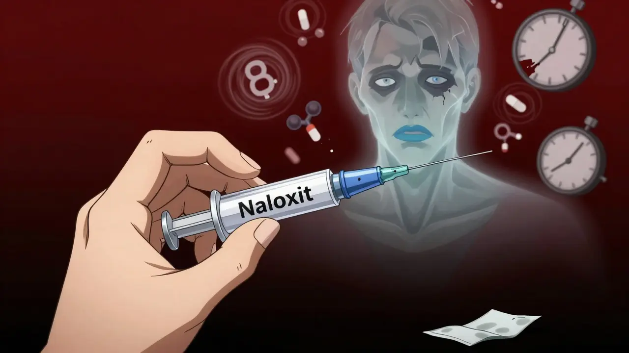 A hand holding naloxone as a ghostly figure fades behind, symbols of opioids swirling in the air.