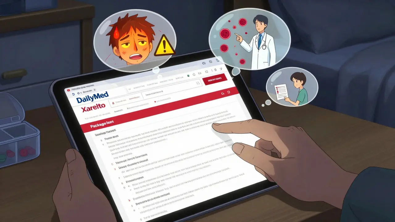 A hand scrolls through DailyMed on a tablet, with floating thought bubbles showing side effect warnings.