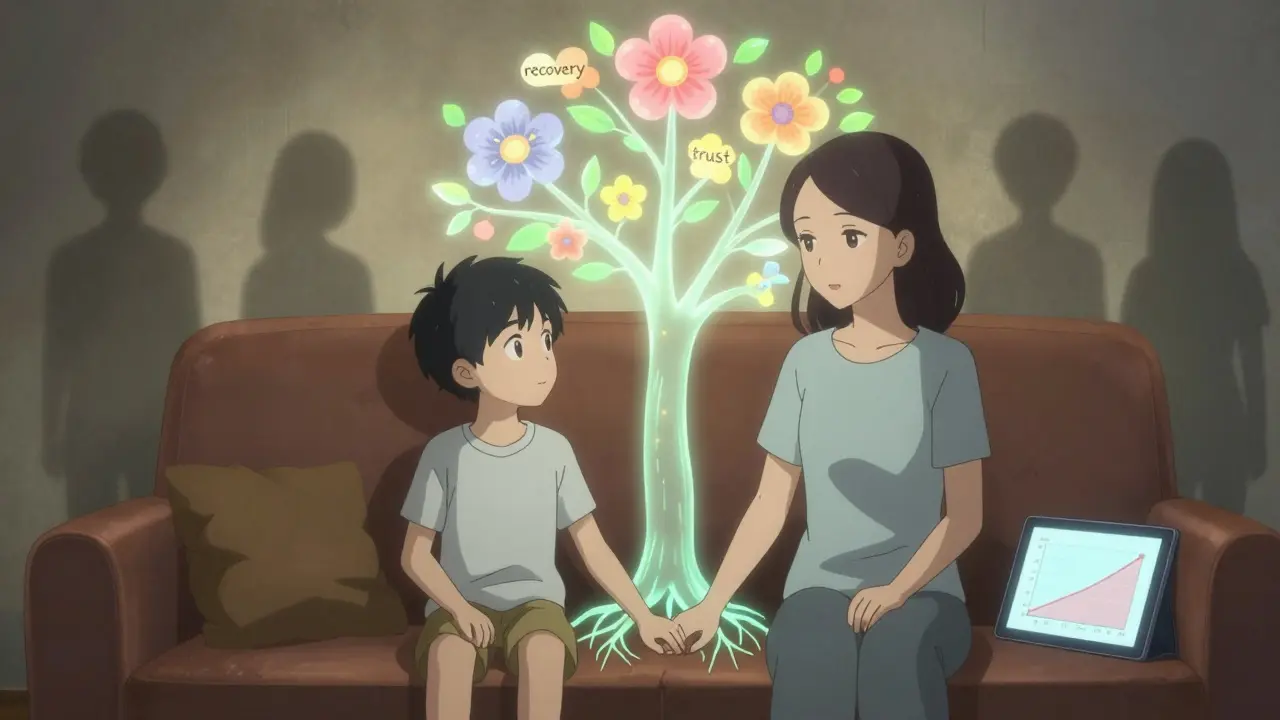 A mother and son sit together as a glowing tree of recovery grows between them, shadows fading behind.