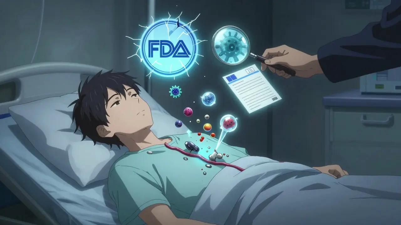 A patient in bed is invaded by floating contaminants, with a cracked FDA badge above them.