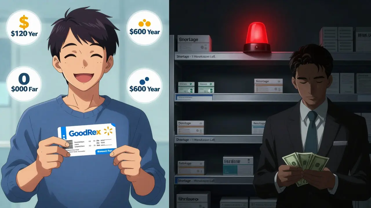 A patient smiling while paying <h2>What’s Changing - And What’s Not</h2> for medicine on one side, and an empty drug shelf with a warning light on the other.