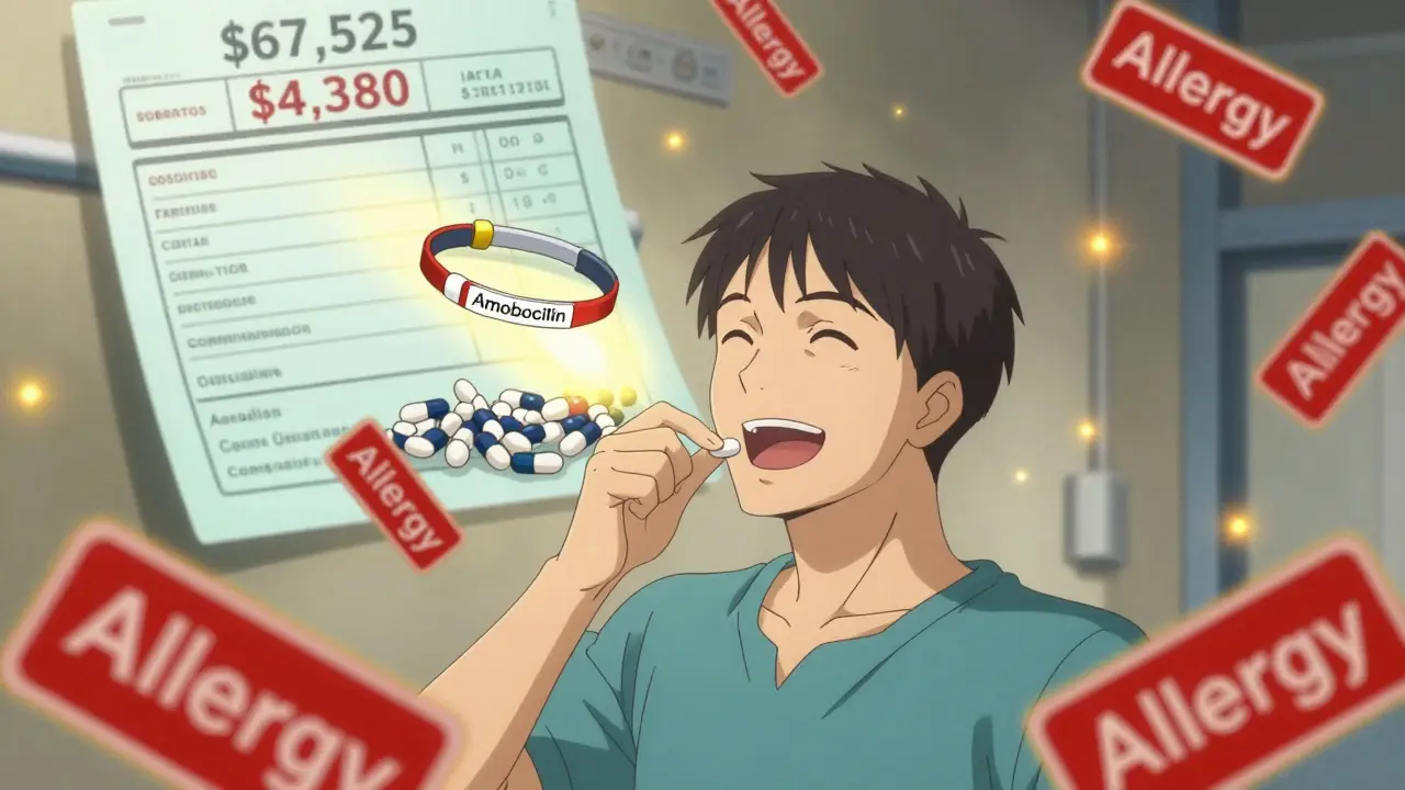 A patient smiling while swallowing a pill, with fading allergy warnings and a reduced medical bill in the background.