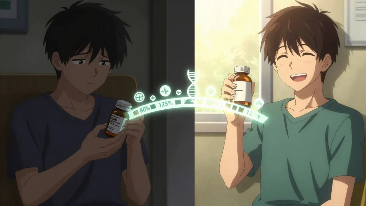 A patient transitioning from worry to relief, connected by a glowing bioequivalence bridge between brand and generic pills.