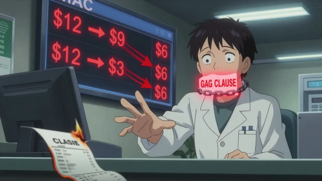 A pharmacist is silenced by a glowing gag clause while MAC prices drop on a screen behind them, cash clawbacks visible on the register.