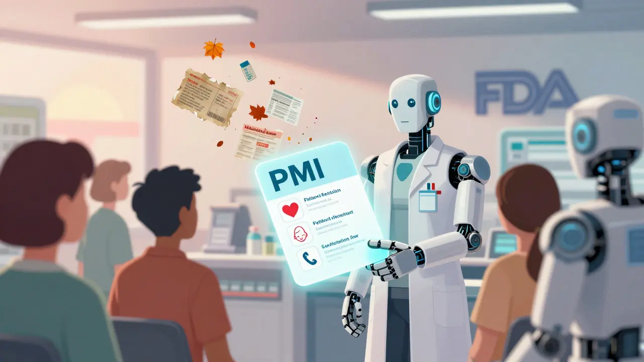 A robotic pharmacist hands a single one-page PMI card to patients in a futuristic pharmacy.
