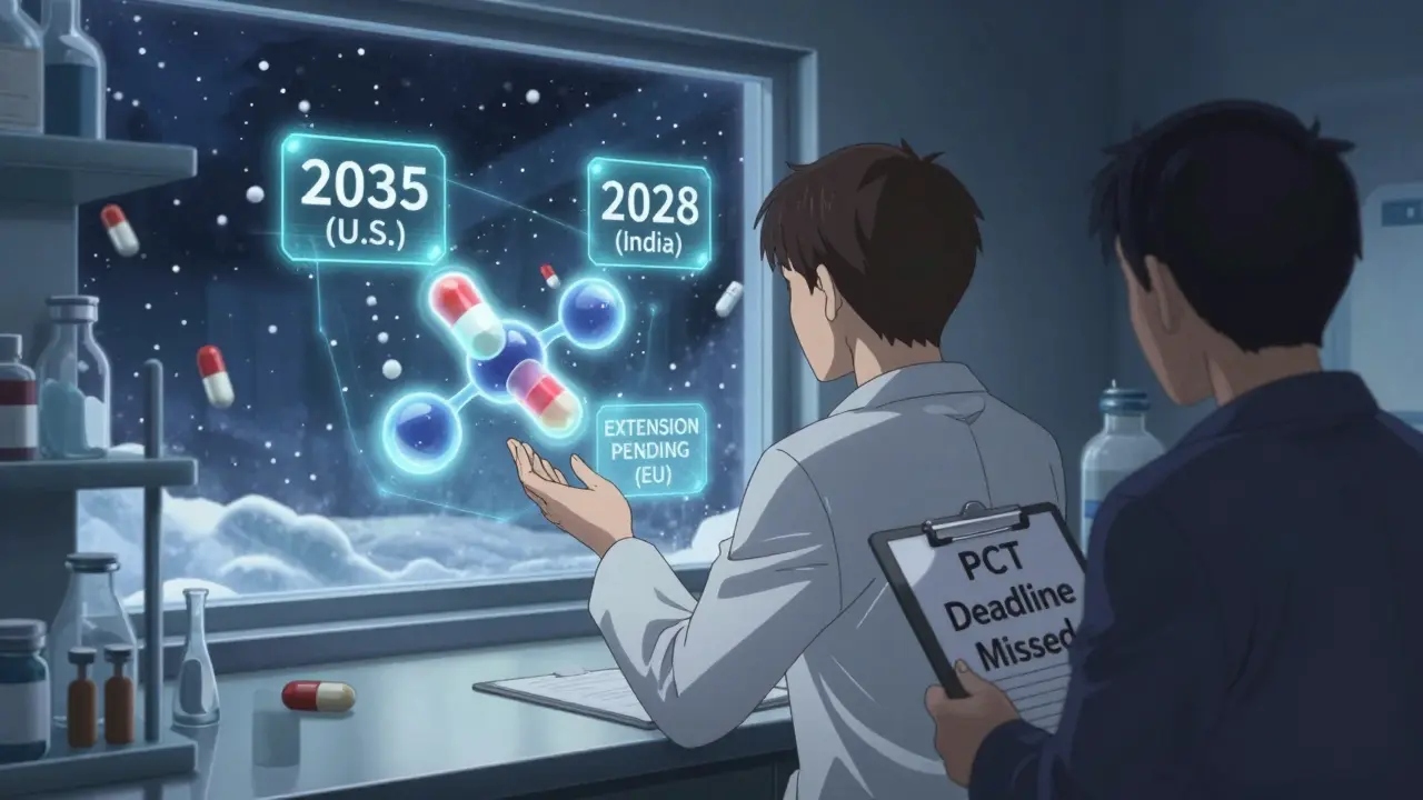 A scientist watching holographic drug patent expirations across countries, with generic capsules falling like snow.