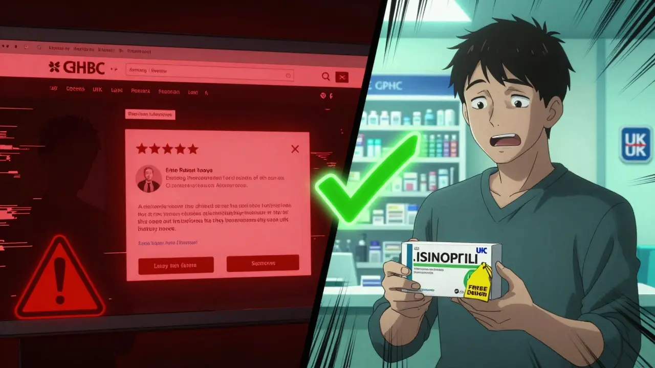 A split scene showing a fake pharmacy on one side and a verified UK pharmacy on the other.
