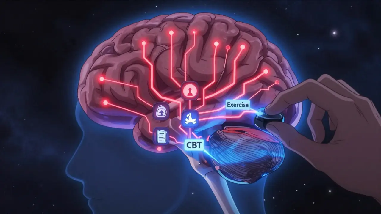 A stylized brain showing pain signals being calmed by exercise, with icons of therapy and movement.