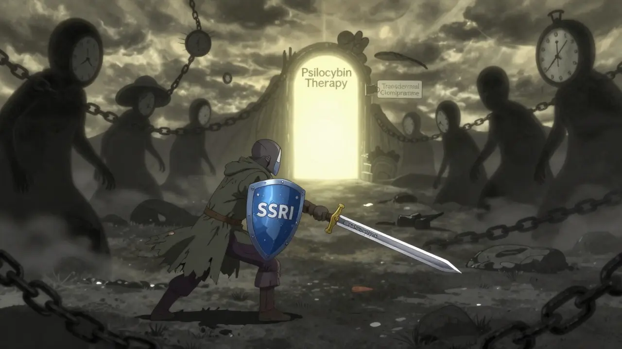 A warrior fights obsessions shaped as chains in a symbolic mind-battle, with future treatments glowing in the distance.