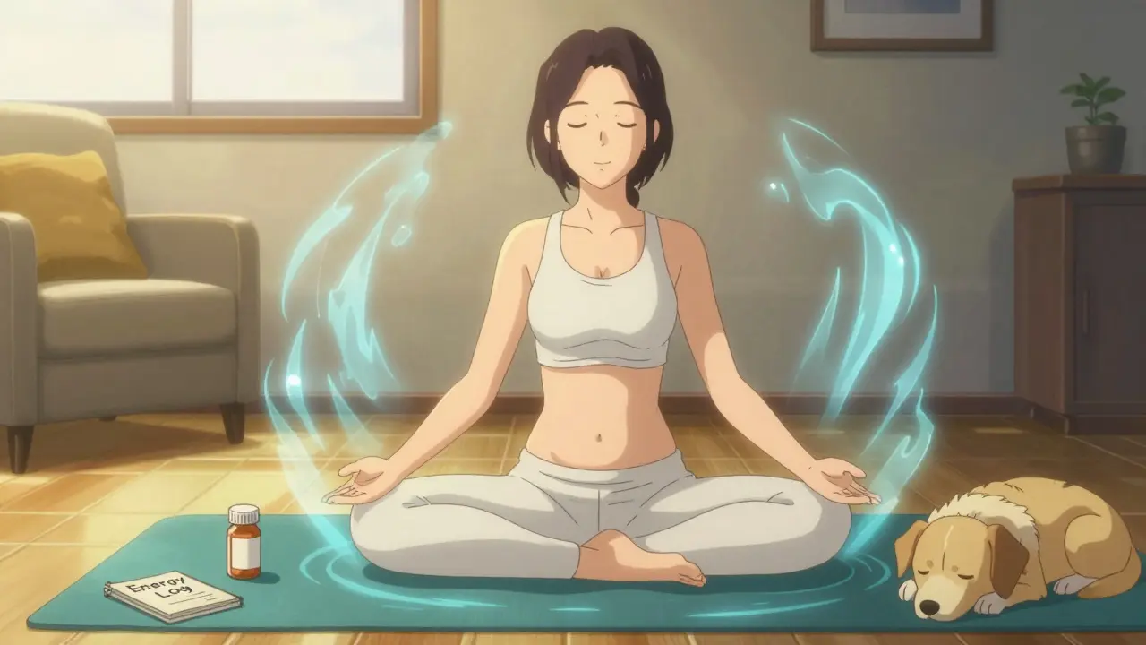 A woman doing seated yoga in sunlight, with calming energy waves and a dog beside her.