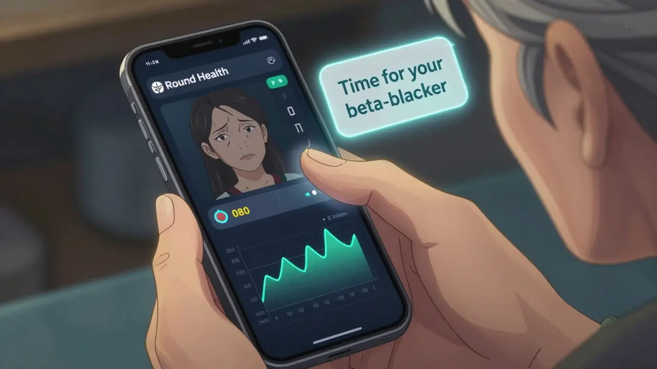 An elderly woman viewing her health progress on a medication app with animated graphs.