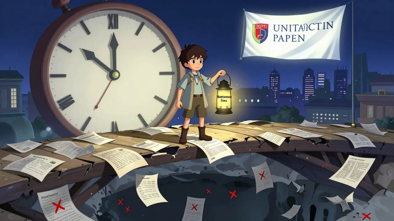 An inventor on a crumbling patent bridge, holding a maintenance fees lantern as expired patents fall away.