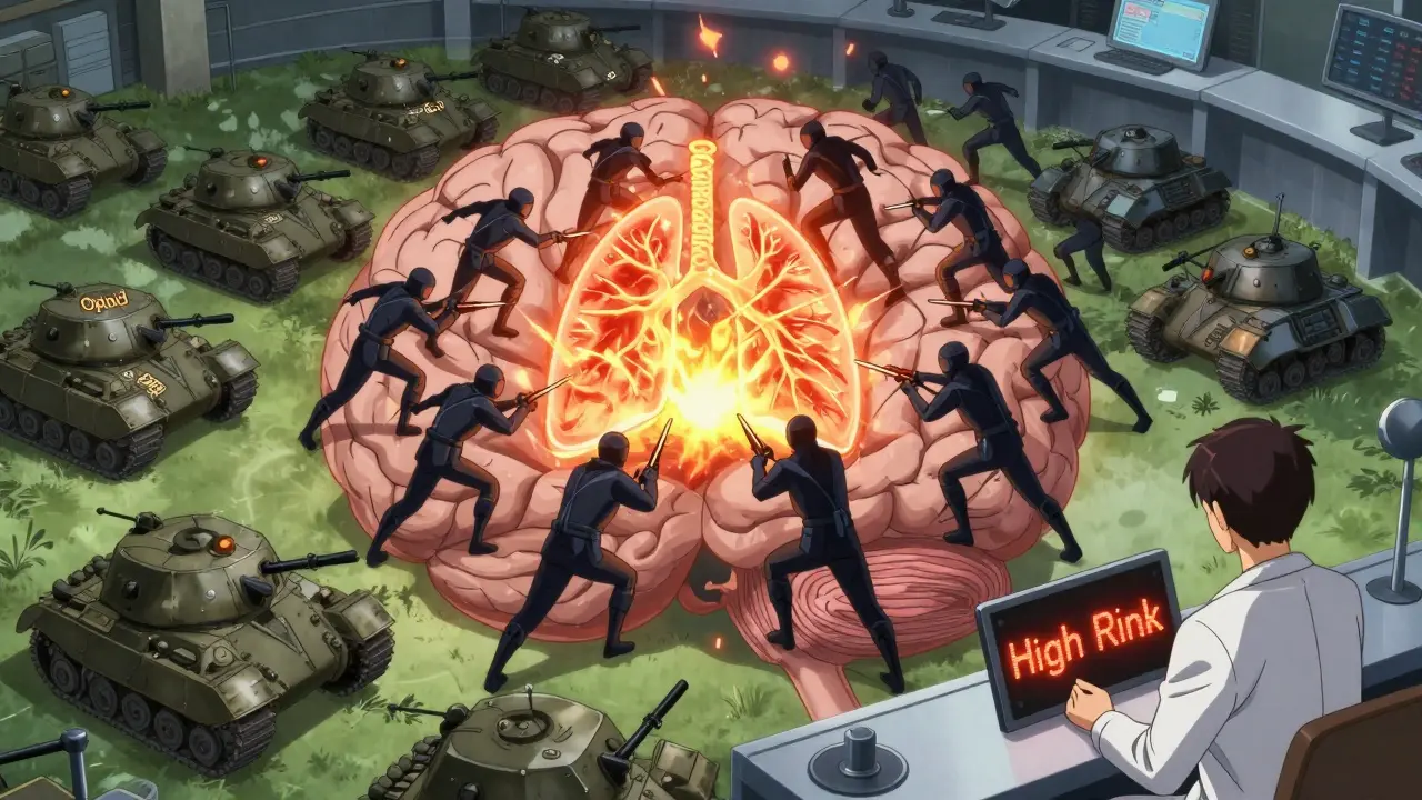 Battle inside a brain: opioid tanks and gabapentinoid ninjas extinguish a breathing flame while a doctor watches.