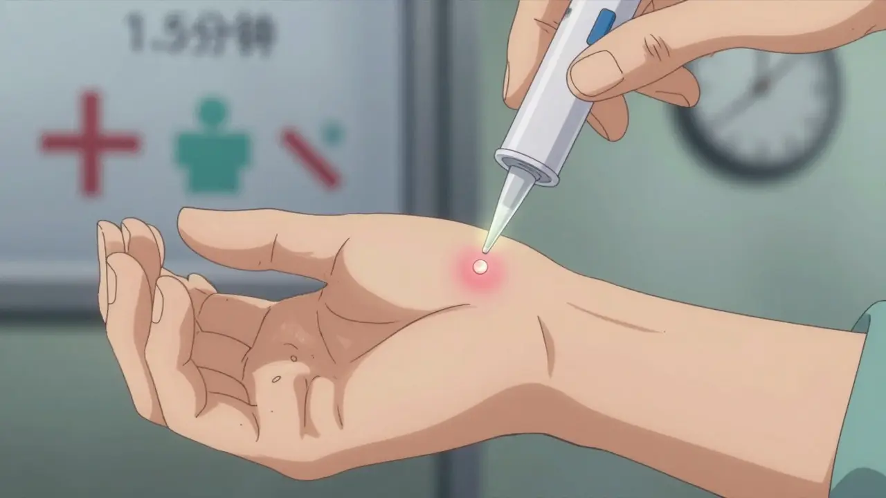 Close-up of a skin prick test on an arm with a tiny drop of solution and minimal redness.
